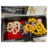 Beautiful Black Laquered & Mother of Pearl Jewelry Box with Contents