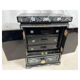Beautiful Black Laquered & Mother of Pearl Jewelry Box with Contents