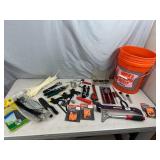 Bucket of Hand Tools, Hardware, Clamps, and More