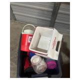 Box of Plastic Mugs  water Jug  cooler