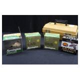 VINTAGE AMMO BOX WITH 4 BOXES OF MIXED 12 GAUGE SHELLS.