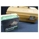 VINTAGE AMMO BOX WITH 4 BOXES OF MIXED 12 GAUGE SHELLS.