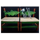 TWO WALLEYE BENCHES AND BRAND NEW STAINLESS STEEL OUTDOOR BBQ SET
