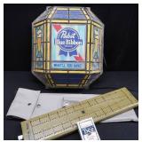 VINTAGE PABST  BLUE RIBBON  BEER SIGN. / CRIBBAGE BOARD
