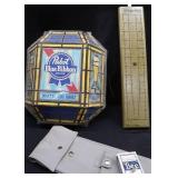 VINTAGE PABST  BLUE RIBBON  BEER SIGN. / CRIBBAGE BOARD