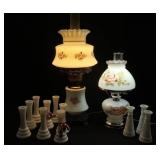 2 FLORAL MILK GLASS HURRICANE LAMPS WITH MILK GLASS BUD VASES