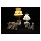 2 FLORAL MILK GLASS HURRICANE LAMPS WITH MILK GLASS BUD VASES