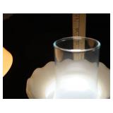 2 FLORAL MILK GLASS HURRICANE LAMPS WITH MILK GLASS BUD VASES