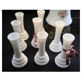 2 FLORAL MILK GLASS HURRICANE LAMPS WITH MILK GLASS BUD VASES