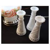 2 FLORAL MILK GLASS HURRICANE LAMPS WITH MILK GLASS BUD VASES