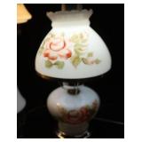 2 FLORAL MILK GLASS HURRICANE LAMPS WITH MILK GLASS BUD VASES