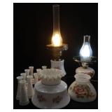 2 FLORAL MILK GLASS HURRICANE LAMPS WITH MILK GLASS BUD VASES