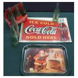 METAL COCA-COLA ADVERTISING SIGN + METAL CHRISTMAS SERVING TRAY WITH ORIGINAL GLASS BOTTLES.