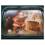 METAL COCA-COLA ADVERTISING SIGN + METAL CHRISTMAS SERVING TRAY WITH ORIGINAL GLASS BOTTLES.