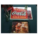 METAL COCA-COLA ADVERTISING SIGN + METAL CHRISTMAS SERVING TRAY WITH ORIGINAL GLASS BOTTLES.