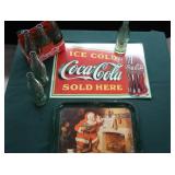 METAL COCA-COLA ADVERTISING SIGN + METAL CHRISTMAS SERVING TRAY WITH ORIGINAL GLASS BOTTLES.
