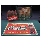 METAL COCA-COLA ADVERTISING SIGN + METAL CHRISTMAS SERVING TRAY WITH ORIGINAL GLASS BOTTLES.