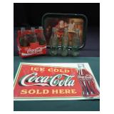 METAL COCA-COLA ADVERTISING SIGN + METAL CHRISTMAS SERVING TRAY WITH ORIGINAL GLASS BOTTLES.