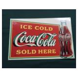 METAL COCA-COLA ADVERTISING SIGN + METAL CHRISTMAS SERVING TRAY WITH ORIGINAL GLASS BOTTLES.