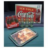 METAL COCA-COLA ADVERTISING SIGN + METAL CHRISTMAS SERVING TRAY WITH ORIGINAL GLASS BOTTLES.