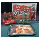 METAL COCA-COLA ADVERTISING SIGN + METAL CHRISTMAS SERVING TRAY WITH ORIGINAL GLASS BOTTLES.
