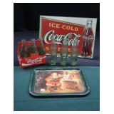 METAL COCA-COLA ADVERTISING SIGN + METAL CHRISTMAS SERVING TRAY WITH ORIGINAL GLASS BOTTLES.