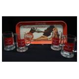 HEAVY METAL COCA-COLA SERVING TRAY AND 4 CO-BRANDED BACARDI MUGS