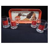 HEAVY METAL COCA-COLA SERVING TRAY AND 4 CO-BRANDED BACARDI MUGS