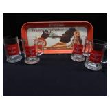 HEAVY METAL COCA-COLA SERVING TRAY AND 4 CO-BRANDED BACARDI MUGS