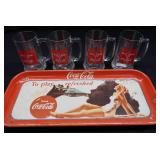HEAVY METAL COCA-COLA SERVING TRAY AND 4 CO-BRANDED BACARDI MUGS