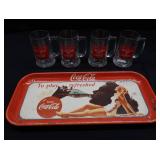HEAVY METAL COCA-COLA SERVING TRAY AND 4 CO-BRANDED BACARDI MUGS