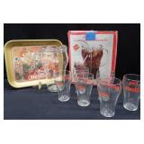 COCA-COLA 1976 ARKANSAS METAL TRAY WITH SEVEN PIECE BELL SODA PITCHER AND BEVERAGE SET