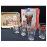 COCA-COLA 1976 ARKANSAS METAL TRAY WITH SEVEN PIECE BELL SODA PITCHER AND BEVERAGE SET