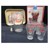COCA-COLA 1976 ARKANSAS METAL TRAY WITH SEVEN PIECE BELL SODA PITCHER AND BEVERAGE SET