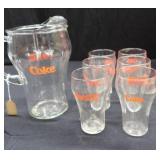 COCA-COLA 1976 ARKANSAS METAL TRAY WITH SEVEN PIECE BELL SODA PITCHER AND BEVERAGE SET