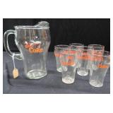 COCA-COLA 1976 ARKANSAS METAL TRAY WITH SEVEN PIECE BELL SODA PITCHER AND BEVERAGE SET