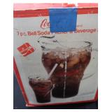 COCA-COLA 1976 ARKANSAS METAL TRAY WITH SEVEN PIECE BELL SODA PITCHER AND BEVERAGE SET