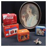 VINTAGE COCA-COLA SERVING TRAY, COLLECTORS TINS, COOLER RADIO, AND BONUS BOTTLE OPENER