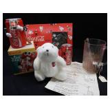 VINTAGE COCA-COLA BANK, LIQUID ILLUSION, OLYMPIC CAN, LIGHT SET, AND BONUS POLAR BEAR