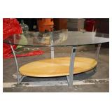 Modern Oval Glass Coffee Table with Wooden Shelf