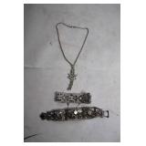 Set of Vintage Silver-Toned Jewelry - Floral Necklace and Bracelets