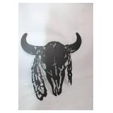 Metal Wall Art Bull Skull with Feather Design