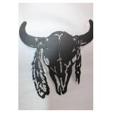 Metal Wall Art Bull Skull with Feather Design