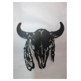 Metal Wall Art Bull Skull with Feather Design