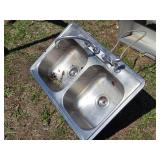 Used Double Basin Stainless Steel Sink with Aluminum Shelving Unit