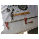 Mixed Lot of Hand Tools and Hardware Items - Hammer, Clevis, Clamp and More
