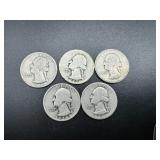 Five Silver Washington Quarters all 1930s