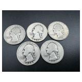 Five Silver Washington Quarters all 1930s