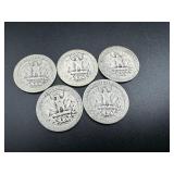 Five Silver Washington Quarters all 1930s