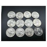 12 Silver Washington Quarters all 1950s